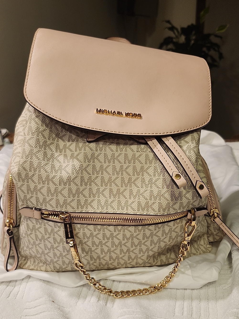 Michael Kors Beige and Blush Signature Logo Backpack
